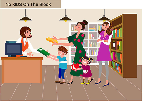 전신 여자 남자 어린이 일러스트 엄마 책장 서기 들기 성인 책 팔짱 공공장소 매너 불쾌함 서점 새치기 노키즈존 국내일러스트 AI파일 감정 가구 가족 모션 사람 상점 장소 예절 공공예절 파일형식 벡터