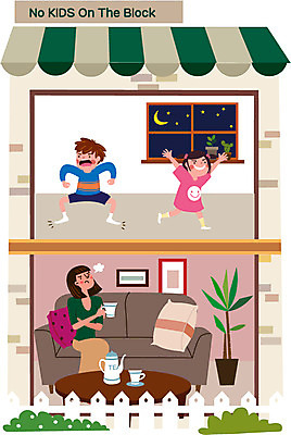 전신 여자 남자 화분 커피 어린이 일러스트 성인 세명 소파 점프 야간 공공장소 층간소음 노키즈존 국내일러스트 AI파일 자연요소 음료 의자 모션 사람 장소 소음 파일형식 벡터