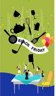 전신 여자 의자 일러스트 탁자 주전자 주방용품 여러명 성인 컵 쇼핑 세일 검은색 냄비 국자 거품기 풍선 블랙프라이데이 국내일러스트 AI파일 식기 컬러 가구 생활용품 다수 데이이벤트 사람 솥 파일형식 벡터