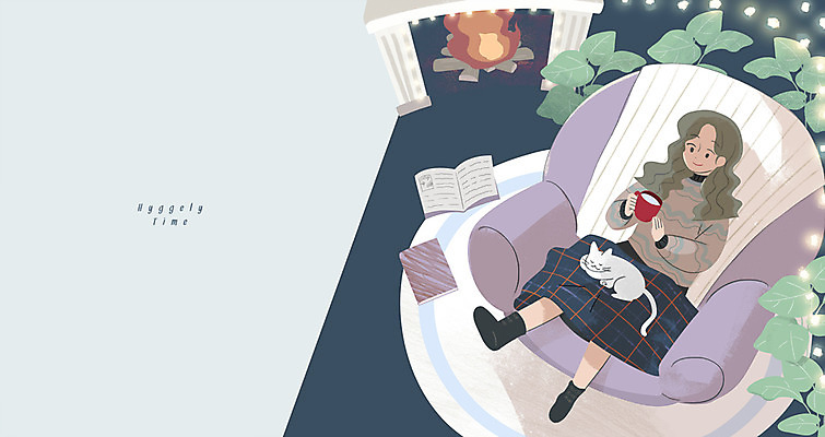 전신 PSD 여자 커피 일러스트 휴식 조명 한명 성인 책 소파 고양이 벽난로 안식처 휘게라이프 안락 국내일러스트 1 라이프스타일 음료 컨셉 의자 포유류 사람 반려동물 파일형식