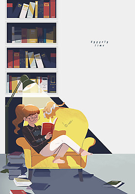 전신 PSD 여자 일러스트 휴식 책장 한명 앉기 성인 책 소파 독서 고양이 스탠드 안식처 휘게라이프 안락 국내일러스트 1 라이프스타일 가구 컨셉 의자 포유류 모션 조명 사람 반려동물 파일형식