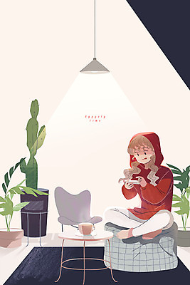 전신 PSD 여자 화분 커피 의자 일러스트 휴식 조명 선인장 한명 앉기 성인 스마트폰 안식처 휘게라이프 안락 국내일러스트 식물 1 라이프스타일 음료 가구 컨셉 모션 사람 핸드폰 스마트기기 파일형식
