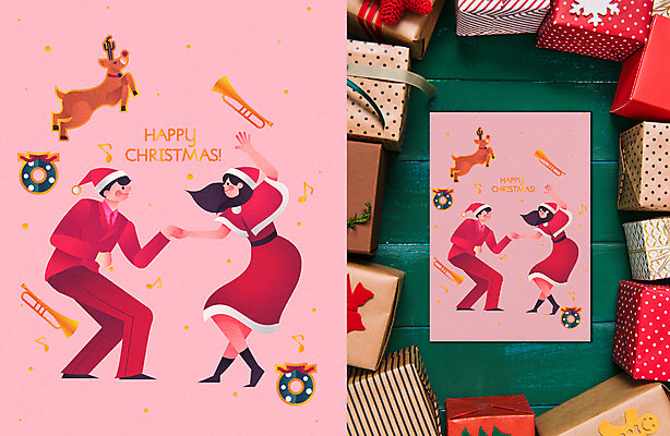 전신 여자 기념일 남자 크리스마스장식 크리스마스 일러스트 산타옷 크리스마스카드 여러명 성인 선물상자 루돌프 춤 나팔 엽서 목업 국내일러스트 AI파일 옷 악기 다수 문화예술 사슴 카드_감사 선물 사람 이벤트 상자 편지 파일형식 벡터