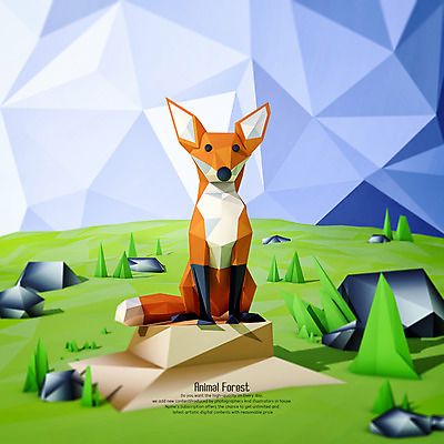 PSD 동물 편집이미지 한마리 3D캐릭터 잔디 사람없음 3D 돌 바위 디지털합성 여우 폴리곤 편집3D 식물 캐릭터 1 포유류 돌_바위 파일형식