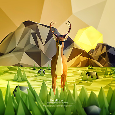 PSD 동물 편집이미지 한마리 사슴 3D캐릭터 잔디 사람없음 태양 3D 노을 돌_바위 언덕 디지털합성 폴리곤 편집3D 자연요소 식물 캐릭터 1 포유류 파일형식
