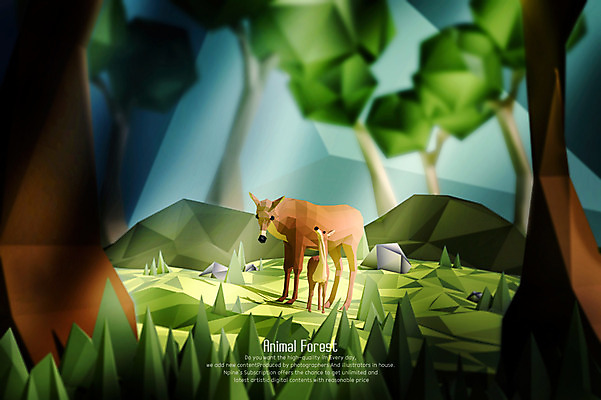 PSD 나무 동물 편집이미지 두마리 3D캐릭터 잔디 사람없음 3D 숲 디지털합성 노루 아기사슴 폴리곤 편집3D 식물 캐릭터 새끼 2 포유류 사슴 파일형식