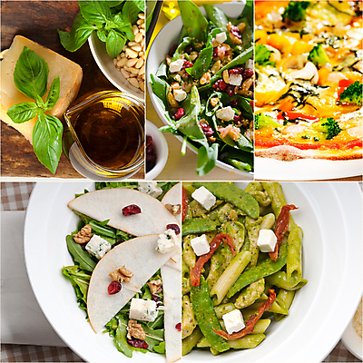 포토 JPG 해외이미지 그릇 접시 유리병 치즈 피자 파스타 실내 사람없음 세트 하이앵글 샐러드 올리브오일 잣 바질 해외202004 해외포토 식기 음식 뷰포인트 병_용기 유제품 패스트푸드 서양음식 내부 견과류 기름_음식 파일형식 이미지허브