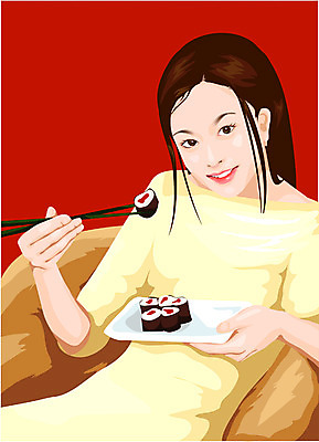 EPS 접시 응시 여자 음식 일본문화 일러스트 젓가락 한명 들기 사람 앉기 상반신 20대 성인 빨간색 소파 노란색 식사 초밥 김초밥 젓가락질 일본음식 성인여자한명만 국내일러스트 1 동양문화 식기 시선 컬러 외국문화 의자 모션 수저 손짓 청년 여자한명만 성인여자만 파일형식 벡터