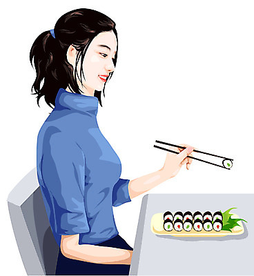 EPS 여자 의자 일러스트 젓가락 탁자 한명 사람 앉기 상반신 20대 성인 식사 김초밥 롤스시 젓가락질 일본음식 성인여자한명만 국내일러스트 1 음식 가구 모션 수저 손짓 청년 초밥 여자한명만 성인여자만 파일형식 벡터