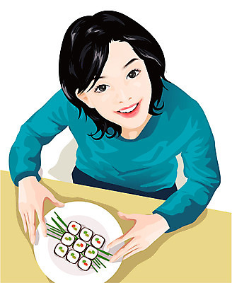 EPS 여자 일본문화 일러스트 탁자 한명 사람 상반신 20대 성인 식사 초밥 김초밥 롤스시 일본음식 성인여자한명만 국내일러스트 1 동양문화 음식 외국문화 가구 청년 여자한명만 성인여자만 파일형식 벡터