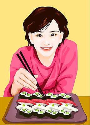 EPS 여자 음식 일본문화 일러스트 젓가락 실내 한명 사람 상반신 20대 성인 일본 식사 초밥 김초밥 롤스시 젓가락질 성인여자한명만 국내일러스트 1 동양문화 아시아 외국문화 수저 손짓 청년 내부 일본음식 여자한명만 성인여자만 파일형식 벡터