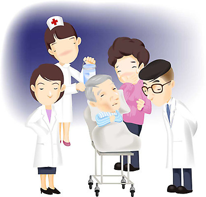 EPS 여자 할아버지 노년 남자 일러스트 의학 가족 병원 사람 여러명 성인 치료 진료 환자 의사 슬픔 수술 결과 질병 여의사 노인만 성인만 국내일러스트 감정 다수 컨셉 관계 의료진 파일형식 벡터