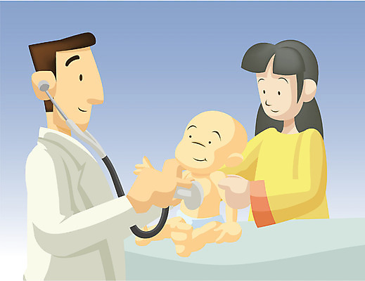 EPS 여자 남자 일러스트 의학 청진기 엄마 사람 성인 치료 세명 진료 의사 아기 소아과 진료실 국내일러스트 가족 의료기기 병원 의료진 파일형식 벡터