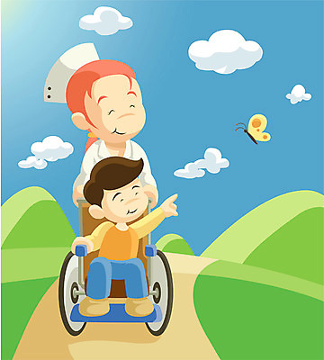 EPS 주간 구름 여자 남자 길 어린이 나비 일러스트 의학 사람 소년 성인 야외 두명 치료 환자 간호사 간호 언덕 휠체어 국내일러스트 자연요소 곤충 의료진 파일형식 벡터