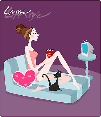 EPS 라이프스타일 웰빙 여자 여유 일러스트 휴식 실내 한명 사람 20대 성인 취미 라이프 반려동물 텔레비전 고양이 침대 팝콘 티비시청 반려 여자만 여자한명만 성인여자만 청년만 청년여자만 성인한명만 청년여자한명만 성인여자한명만 성인만 국내일러스트 동물 1 감정 가구 컨셉 포유류 청년 내부 생활 전자제품 시청_보고들음 파일형식 벡터