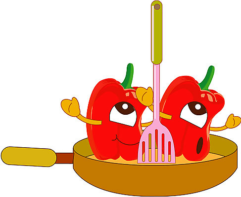 EPS 클립아트 식물 캐릭터 생활용품 채소 일러스트 주방용품 피망 사람없음 프라이팬 구이 뒤집개 채소캐릭터 붉은피망 일러캐릭터 음식 오브젝트 파일형식 벡터