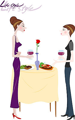 EPS 라이프스타일 웰빙 여자 음식 일러스트 탁자 휴식 실내 대화 스테이크 사람 취미 두명 라이프 파티 와인 모임 여자만 국내일러스트 가구 컨셉 주류 서양음식 말하기 이벤트 내부 생활 파일형식 벡터