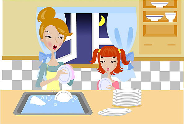 EPS 라이프스타일 그릇 접시 웰빙 여자 딸 어린이 가사 일러스트 가족 엄마 실내 사람 소녀 두명 주방 야간 설거지 여자만 국내일러스트 자연요소 식기 관계 내부 생활 파일형식 벡터