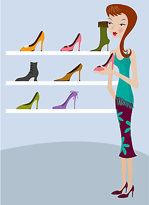 EPS 라이프스타일 웰빙 잡화 여자 구두 신발 일러스트 실내 한명 사람 20대 성인 취미 쇼핑 상점 구두가게 여자만 여자한명만 성인여자만 청년만 청년여자만 성인한명만 청년여자한명만 성인여자한명만 성인만 국내일러스트 1 청년 내부 생활 신발가게 파일형식 벡터