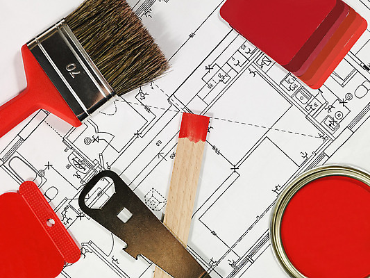 포토 JPG 해외이미지 설계 사람없음 빨간색 인테리어 하이앵글 페인트 설계도 준비 페인트통 페인트붓 DIY 해외202004 해외포토 디자인 뷰포인트 컬러 컨셉 건설업 통 취미 붓 파일형식 이미지허브