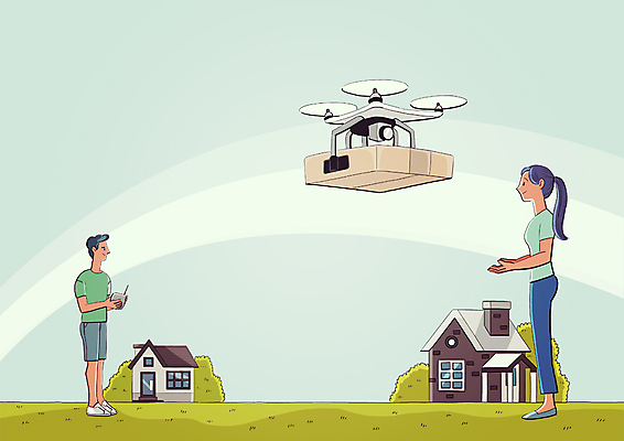 전신 PSD 여자 남자 일러스트 주택 성인 두명 기계 스마트 로봇 배송 택배 드론 4차산업 모빌리티 AI_인공지능 국내일러스트 산업 교통수단 컨셉 사람 건물 운송업 파일형식