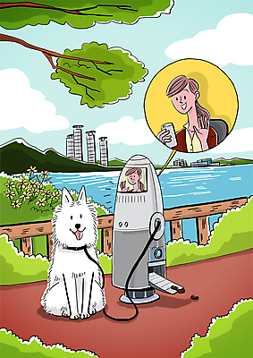 PSD 나무 공원 여자 일러스트 한명 상반신 성인 건물 강 기계 산책 강아지 스마트 로봇 영상통화 4차산업 AI_인공지능 국내일러스트 식물 1 건축물 공공시설 산업 컨셉 휴식 사람 반려동물 개 통화 파일형식