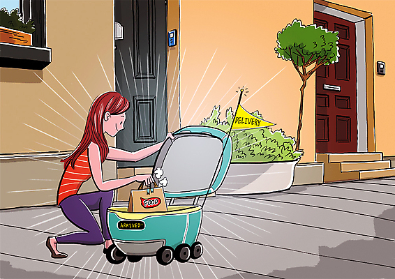 전신 PSD 여자 음식 일러스트 주택 한명 성인 문 기계 스마트 로봇 배송 4차산업 음식배달 AI_인공지능 국내일러스트 1 산업 컨셉 사람 건물 파일형식