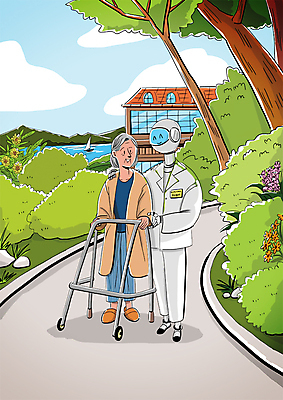 전신 PSD 나무 공원 여자 노년 일러스트 한명 기계 산책 스마트 로봇 요양원 간병인 도우미 4차산업 AI_인공지능 국내일러스트 식물 직업 1 공공시설 산업 컨셉 휴식 사람 성인 파일형식