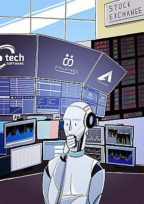 PSD 일러스트 사람없음 컴퓨터 모니터 기계 증권 주식 스마트 로봇 분석 주가 환율 4차산업 AI_인공지능 국내일러스트 산업 컨셉 금융 경제 전자제품 파일형식