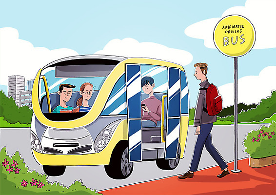 전신 PSD 여자 남자 일러스트 버스 여러명 상반신 성인 기계 버스정류장 스마트 로봇 무인 4차산업 자율주행 모빌리티 AI_인공지능 국내일러스트 산업 육상교통 교통수단 다수 컨셉 대중교통 사람 운전 역 파일형식