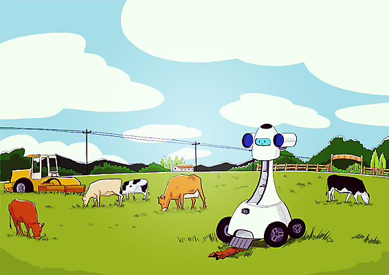 PSD 일러스트 관리 잔디 사람없음 기계 흙 목장 소 스마트 로봇 분석 4차산업 AI_인공지능 국내일러스트 식물 산업 컨셉 포유류 파일형식