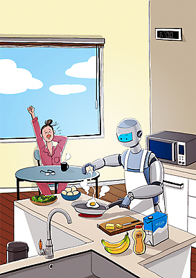 PSD 여자 일러스트 창문 한명 상반신 성인 주방 계란 기계 전자레인지 아침식사 스마트 로봇 가정부 4차산업 AI_인공지능 국내일러스트 직업 1 산업 컨셉 사람 알 식사 가전제품 레인지 파일형식