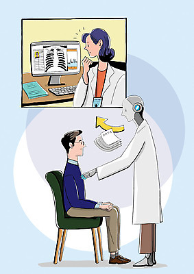 전신 PSD 여자 남자 일러스트 엑스레이 상반신 성인 두명 컴퓨터 자료 기계 의사 스마트 로봇 건강검진 전송 4차산업 의료로봇 AI_인공지능 국내일러스트 산업 컨셉 의학 사람 전자제품 의료진 검사_조사 파일형식