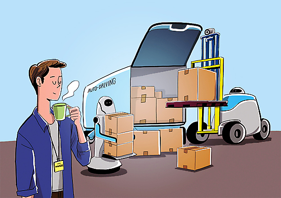 PSD 남자 커피 일러스트 휴식 한명 상반신 성인 기계 트럭 스마트 로봇 배송 정리 물류창고 4차산업 AI_인공지능 국내일러스트 1 산업 음료 컨셉 자동차 사람 창고 파일형식