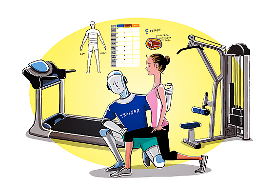 전신 PSD 여자 다이어트 일러스트 건강 관리 한명 성인 운동 기계 스마트 로봇 트레이너 런닝머신 자세교정 4차산업 AI_인공지능 국내일러스트 1 산업 컨셉 사람 운동기구 헬스 연습 파일형식