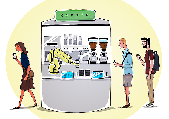 전신 PSD 외국인 여자 남자 커피 줄 일러스트 서기 성인 세명 기계 커피메이커 스마트 로봇 바리스타 4차산업 AI_인공지능 국내일러스트 직업 산업 음료 컨셉 모션 사람 인종 커피용품 파일형식