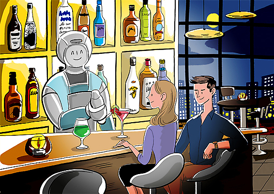 PSD 여자 남자 일러스트 술병 주류 상반신 성인 두명 기계 칵테일 바 스마트 로봇 바텐더 4차산업 AI_인공지능 국내일러스트 산업 음료 컨셉 병_용기 사람 파일형식