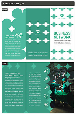 템플릿 표지디자인 표지 ZIP 내지 리플렛 3단접지 청진기 주사기 서기 사람 팜플렛 상반신 치료 세명 초록색 눕기 약 환자 의사 수술 수술복 수술대 인디자인 INDD 이미지템플릿 컬러 의학 의료기기 모션 의료진 가운 파일형식