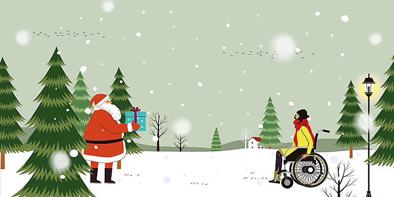 전신 나무 여자 남자 크리스마스 겨울 일러스트 조명 선물 서기 앉기 성인 두명 산타클로스 눈 장애인 휠체어 국내일러스트 AI파일 자연요소 식물 계절 기념일 모션 날씨 사람 장애 파일형식 벡터