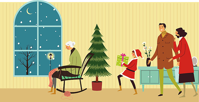 전신 나무 여자 노년 남자 어린이 크리스마스 겨울 일러스트 창문 가족 선물 서기 앉기 여러명 성인 산타클로스 눈 서랍장 서프라이즈 국내일러스트 AI파일 자연요소 식물 계절 기념일 가구 다수 컨셉 관계 모션 날씨 사람 파일형식 벡터