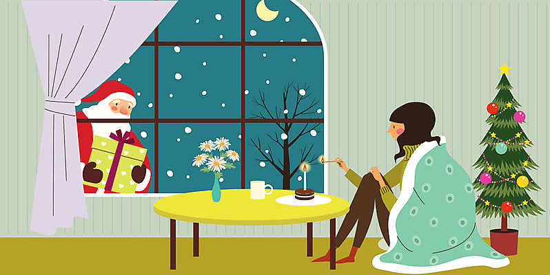 전신 나무 여자 남자 크리스마스 겨울 일러스트 창문 선물 상반신 성인 두명 크리스마스트리 산타클로스 케이크 눈 담요 국내일러스트 AI파일 자연요소 식물 계절 기념일 날씨 디저트 사람 파일형식 벡터