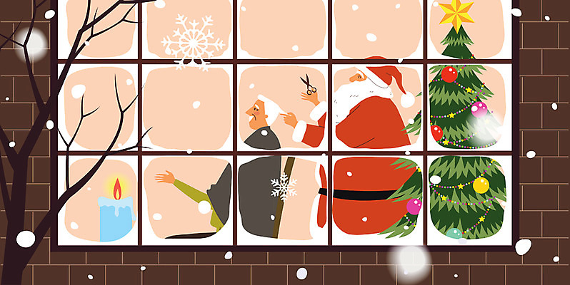 나무 노년 남자 크리스마스 겨울 일러스트 촛불 창문 눈꽃 상반신 두명 크리스마스트리 산타클로스 머리 눈 머리다듬기 국내일러스트 AI파일 자연요소 식물 계절 기념일 초 날씨 눈_날씨 사람 성인 신체부위 파일형식 벡터