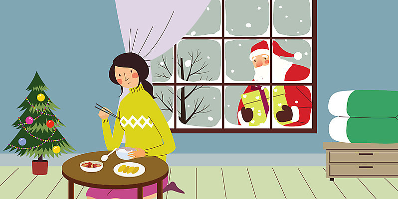 나무 여자 남자 크리스마스 겨울 일러스트 창문 밥 선물 들기 상반신 성인 두명 크리스마스트리 산타클로스 이불 눈 먹기 밥상 국내일러스트 AI파일 자연요소 식물 계절 기념일 음식 침구 모션 탁자 날씨 사람 파일형식 벡터