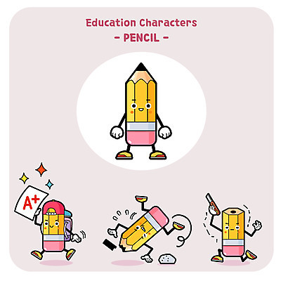 캐릭터 일러스트 사람없음 세트 연필 손상 돌_바위 칼 성적 에이플러스 넘어짐 사물캐릭터 일러캐릭터 AI파일 교육 컨셉 모션 학용품 필기구 점수 파일형식 벡터