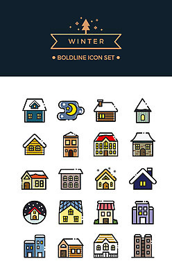 아이콘 겨울 밤하늘 주택 빌딩 사람없음 건물 세트 달 눈 라인아이콘 볼드라인 2D아이콘 AI파일 자연요소 건축물 계절 하늘 날씨 야간 파일형식 벡터
