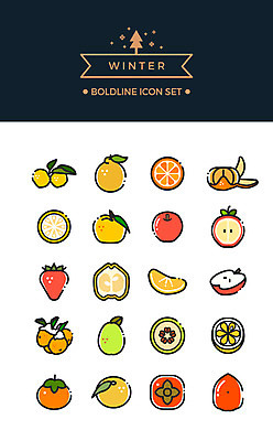 아이콘 겨울 과일 딸기 단면 귤 감 사람없음 세트 사과 라인아이콘 모과 한라봉 홍시 유자 볼드라인 2D아이콘 AI파일 계절 파일형식 벡터