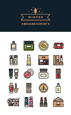 아이콘 겨울 사람없음 세트 뷰티 화장품 립스틱 볼터치 크림 라인아이콘 립밤 립글로스 클렌징 토너먼트 틴트 파우치 볼드라인 2D아이콘 AI파일 계절 가방 화장 청결 파일형식 벡터