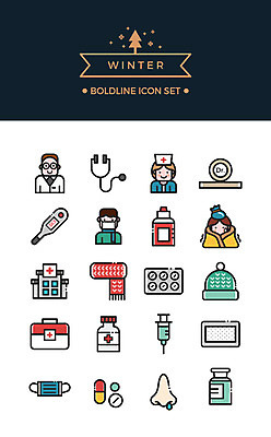 아이콘 모자 여자 남자 겨울 청진기 병원 주사기 마스크 사람 여러명 세트 알약 목도리 간호사 의사 구급상자 온도계 체온계 라인아이콘 감기약 콧물 볼드라인 2D아이콘 AI파일 잡화 계절 다수 의학 의료기기 약 의료진 의료용품 생리현상 파일형식 벡터