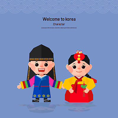 전신 캐릭터 한국전통 전통 여자 남자 어린이 일러스트 전통캐릭터 두명 전통의상 한복 낭자 도령 전통행사 일러캐릭터 AI파일 한국 사람 이벤트 신분 파일형식 벡터