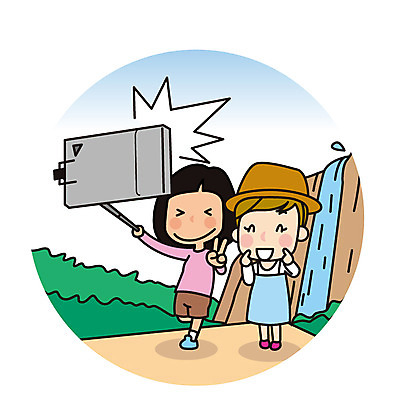 전신 여자 유럽 해외여행 여행 일러스트 서기 들기 성인 두명 친구 폭포 셀프카메라 셀카봉 국내일러스트 AI파일 해외 나라 관계 모션 자연 사람 사진촬영 파일형식 벡터